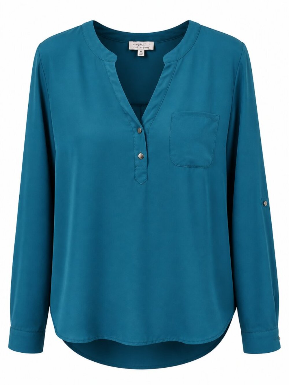 Twine & String Large Feminine Vibrant Teal Women's Roll Tab Sleeve Blouse